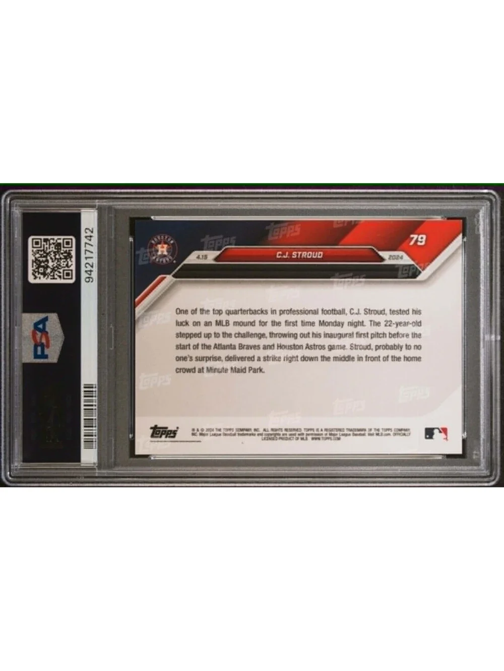 2024 Topps Now #79 CJ Stroud Astros 1st Pitch Houston Texans PSA 10